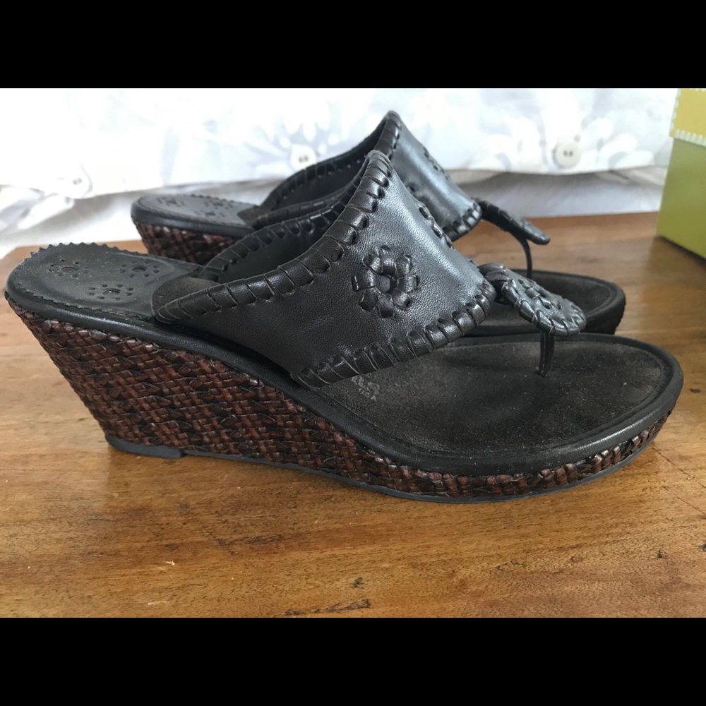 Jack Rogers Brown Leather and Rattan Wedge Sandals
